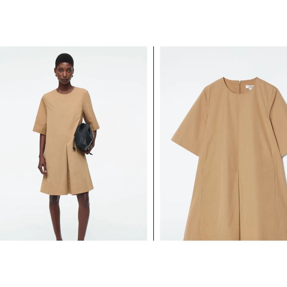 COS Pleated Cotton Mini Dress Women‎ Size 6 Camel Tan NWT Minimalist Trapeze
